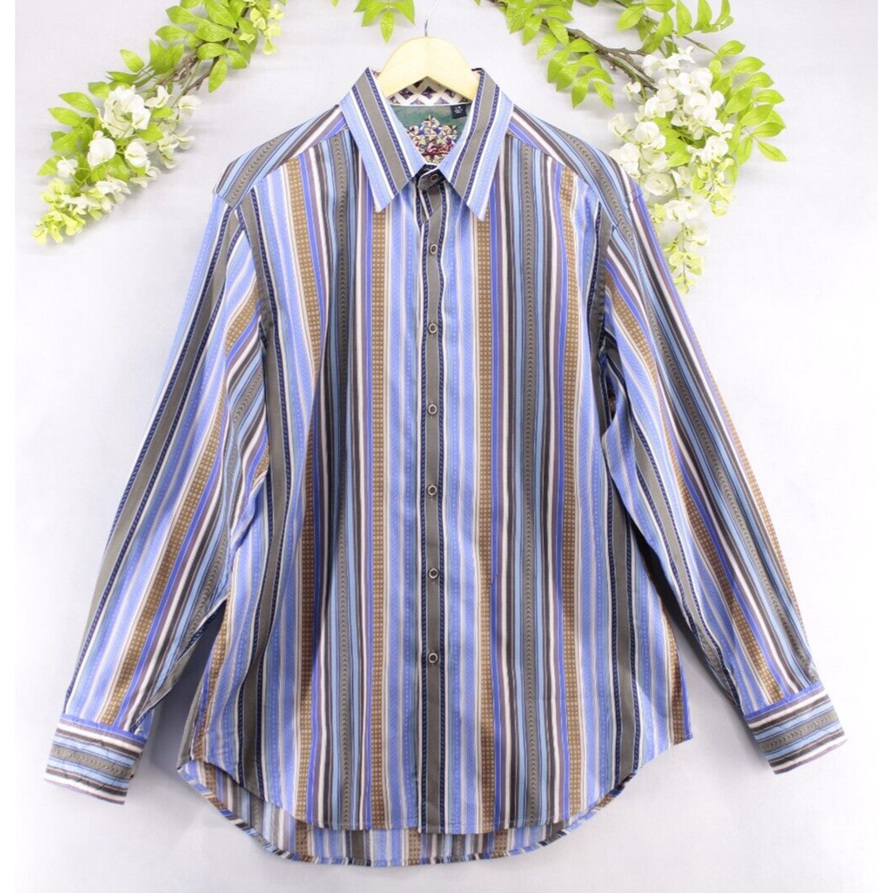Robert Graham Blue White Striped Flip Cuff Men’s Button Front Sz L